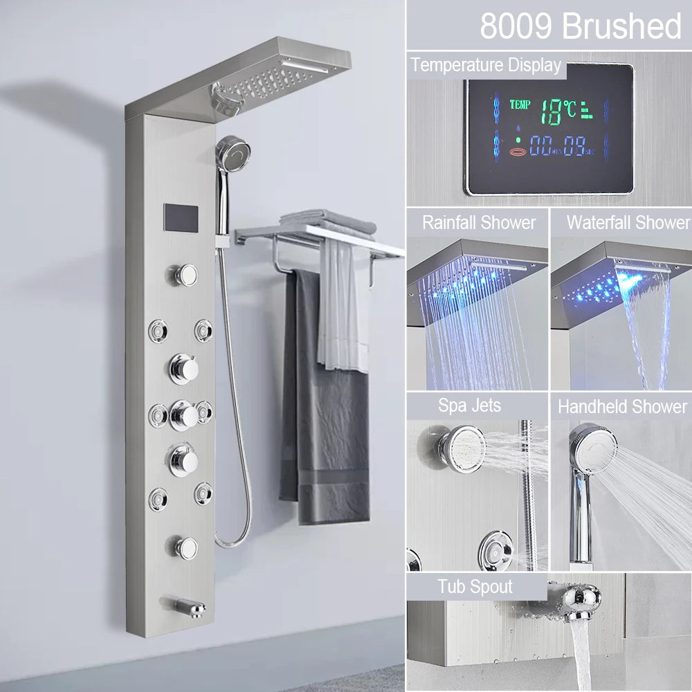 MYQualife LED Shower Panel System Waterfall Jets Digital Display