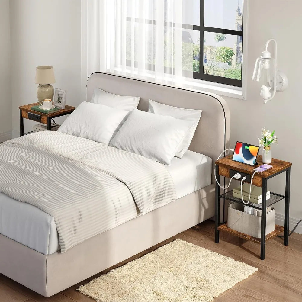 Compact Side Table With Charging Station USB Ports Adjustable Shelves