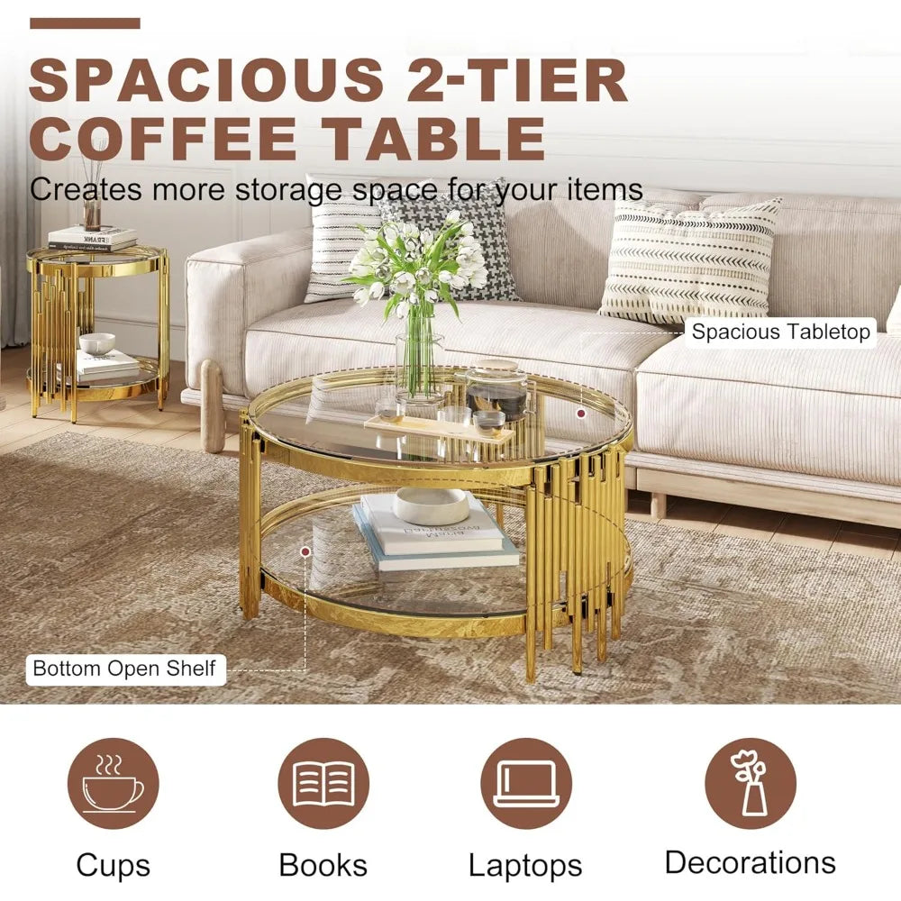 MKDK 3 Piece Glass and Stainless Steel Coffee Table Set With End Tables