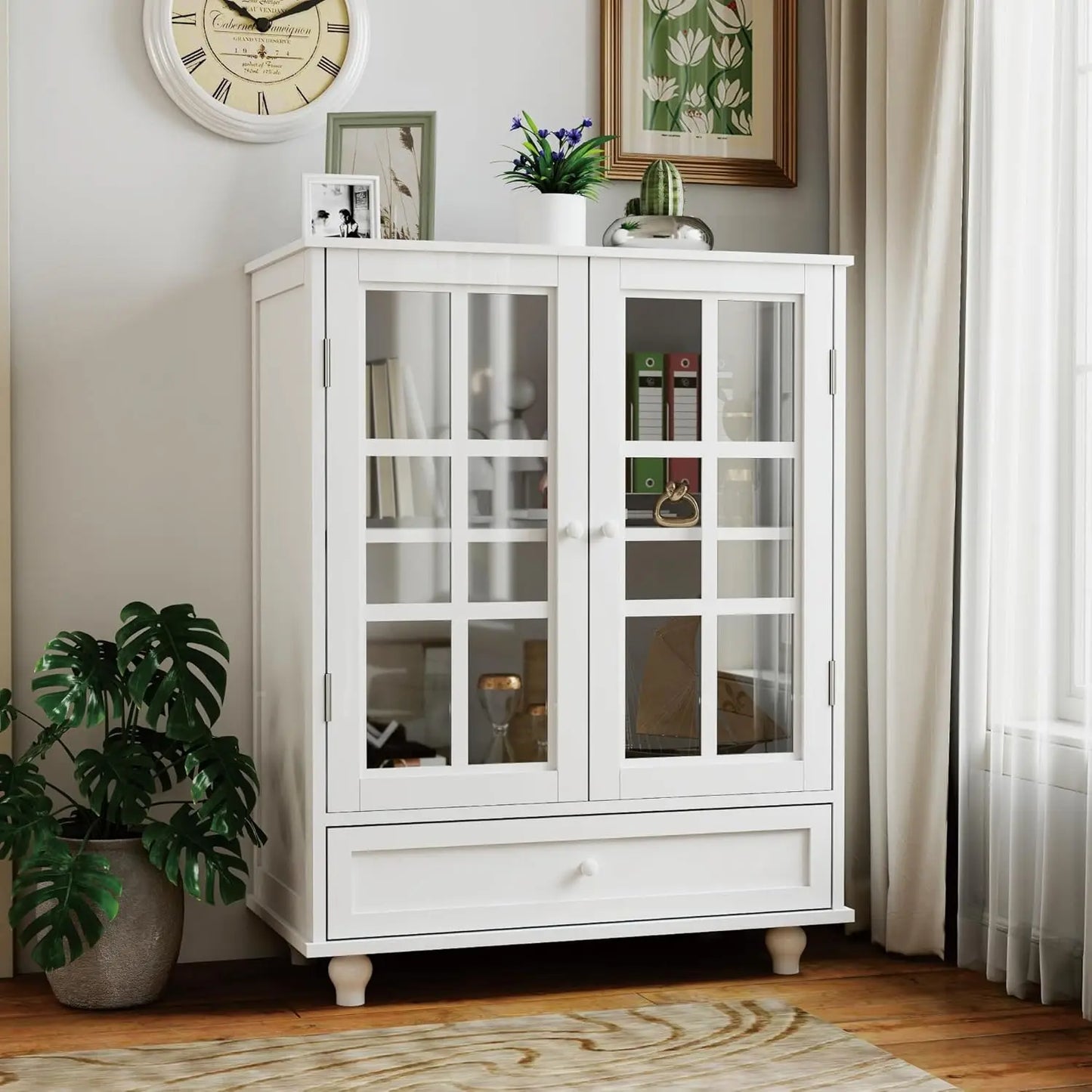 ANGDUO Buffet Cabinet With Glass Doors And Drawer Storage