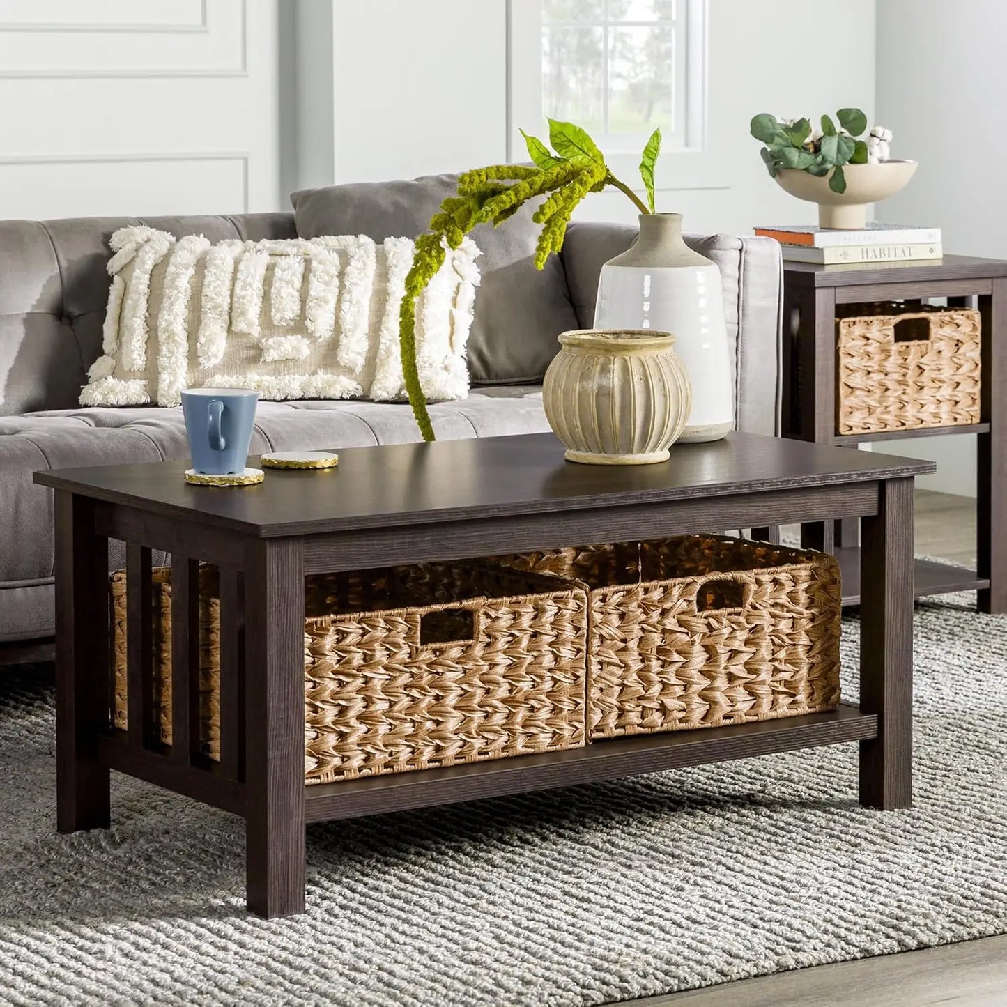 XMSJ Alayna Mission Style Two Tier Coffee Table Rattan Baskets