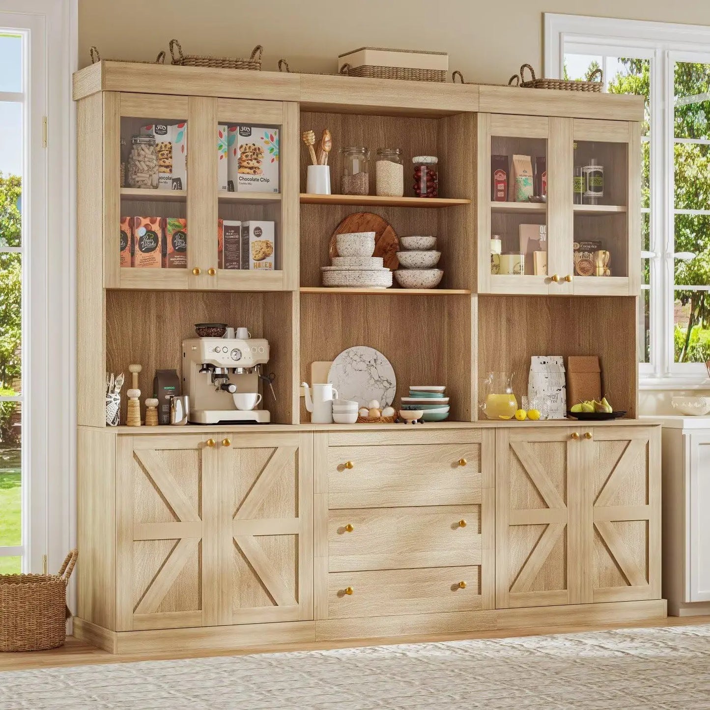 Zhuxiang Farmhouse Pantry Cabinet With Glass Doors