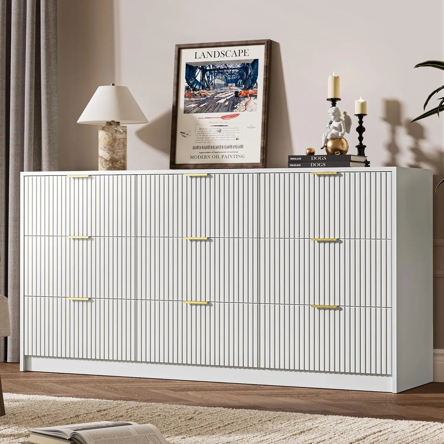 9 Drawer Fluted Dresser With Gold Metal Handles Modern Minimalist