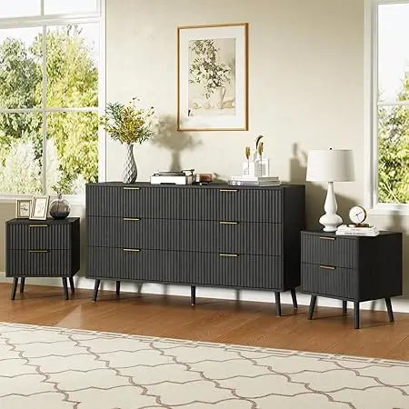 MKDK Modern Dresser And Nightstands 3 Piece Set Lacquer Finish