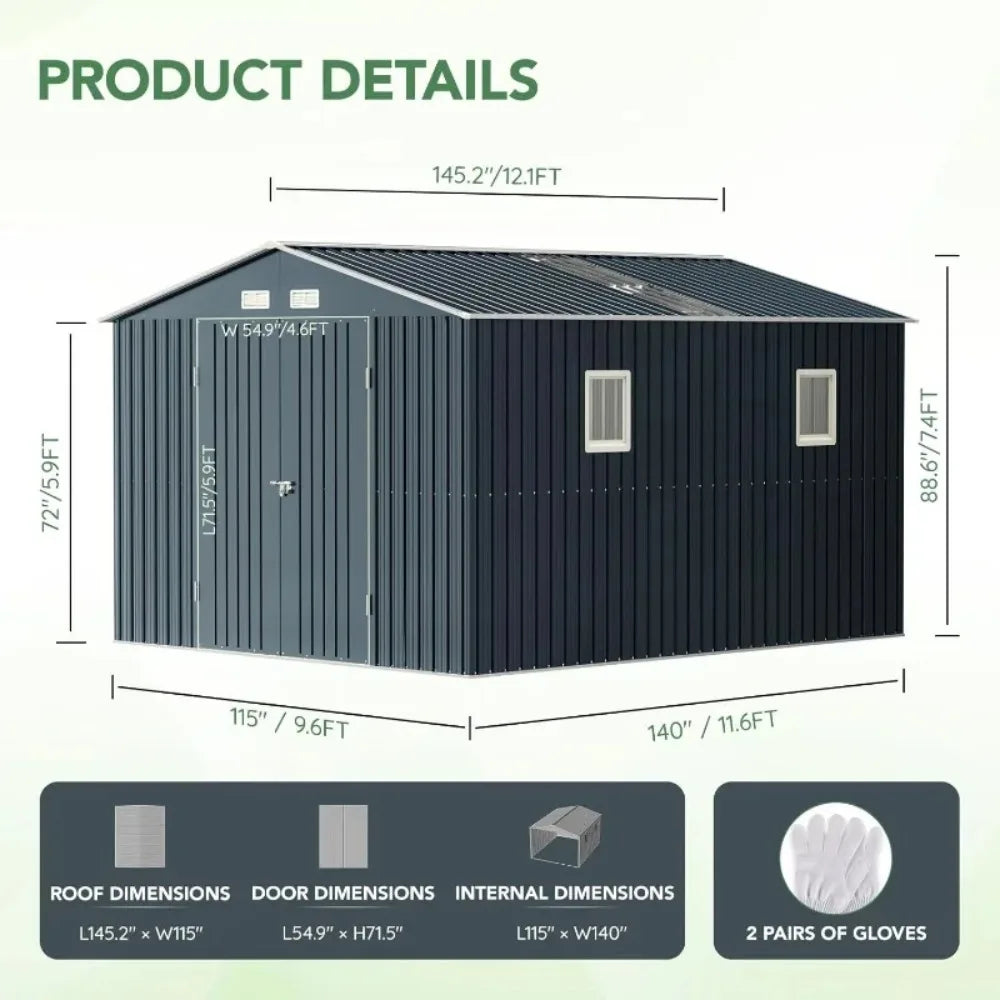 10X12X7.5 FT Outdoor Steel Storage Shed with Lockable Doors, 2 Windows, Transparent Roof Panels (Wood Panels & Frame Floor Not I