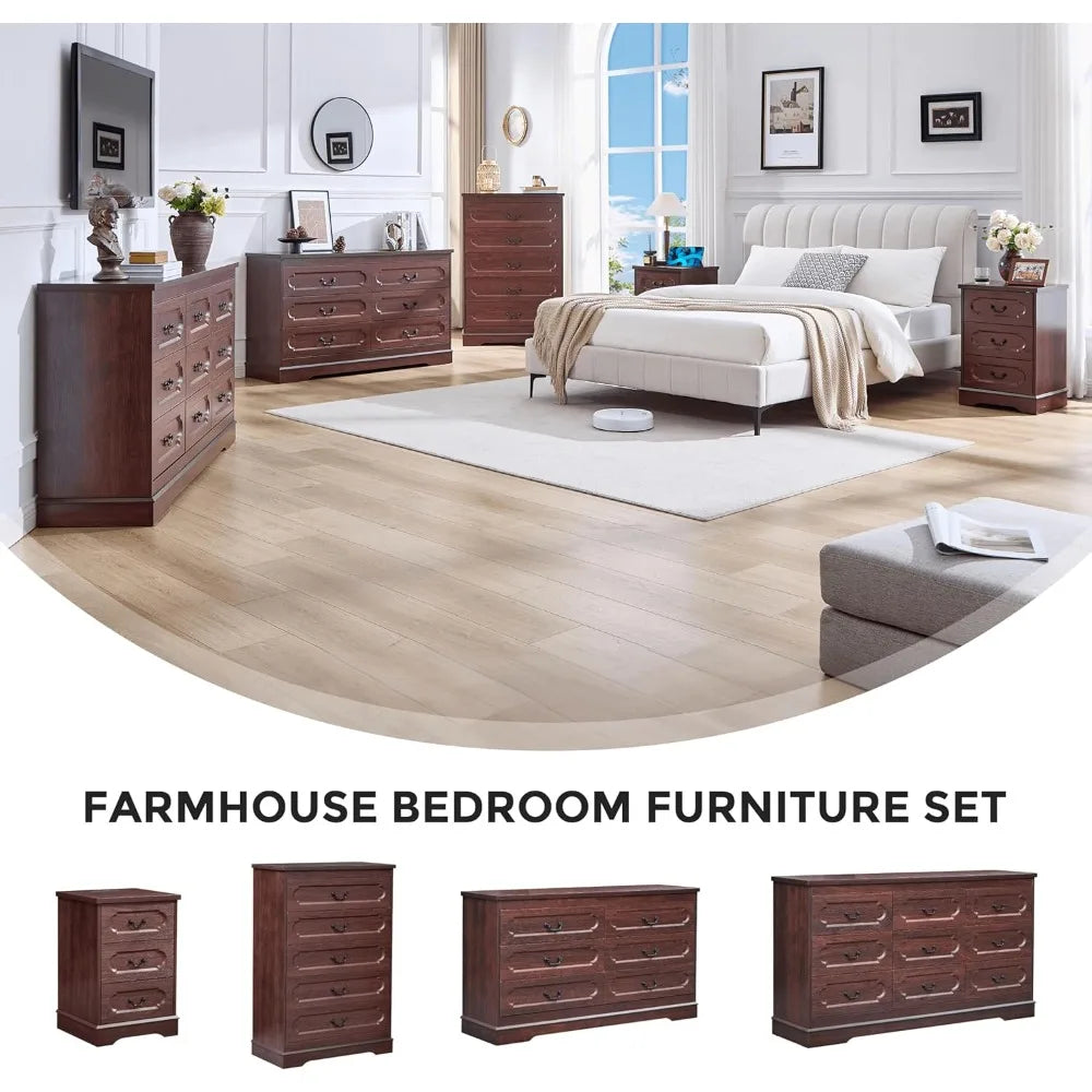 6 Drawer Dresser for Bedroom Farmhouse Cherry Tall Wood Chest of Drawers for Bedroom Dresser, Modern Rustic 55 Wide Drawer