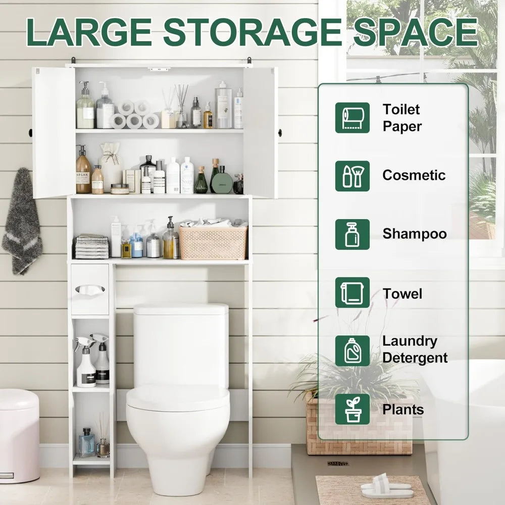 65" Tall Over Toilet Storage Cabinet with 2 Doors & Adjustable Shelves, Freestanding Bathroom Organizer for Small Spaces