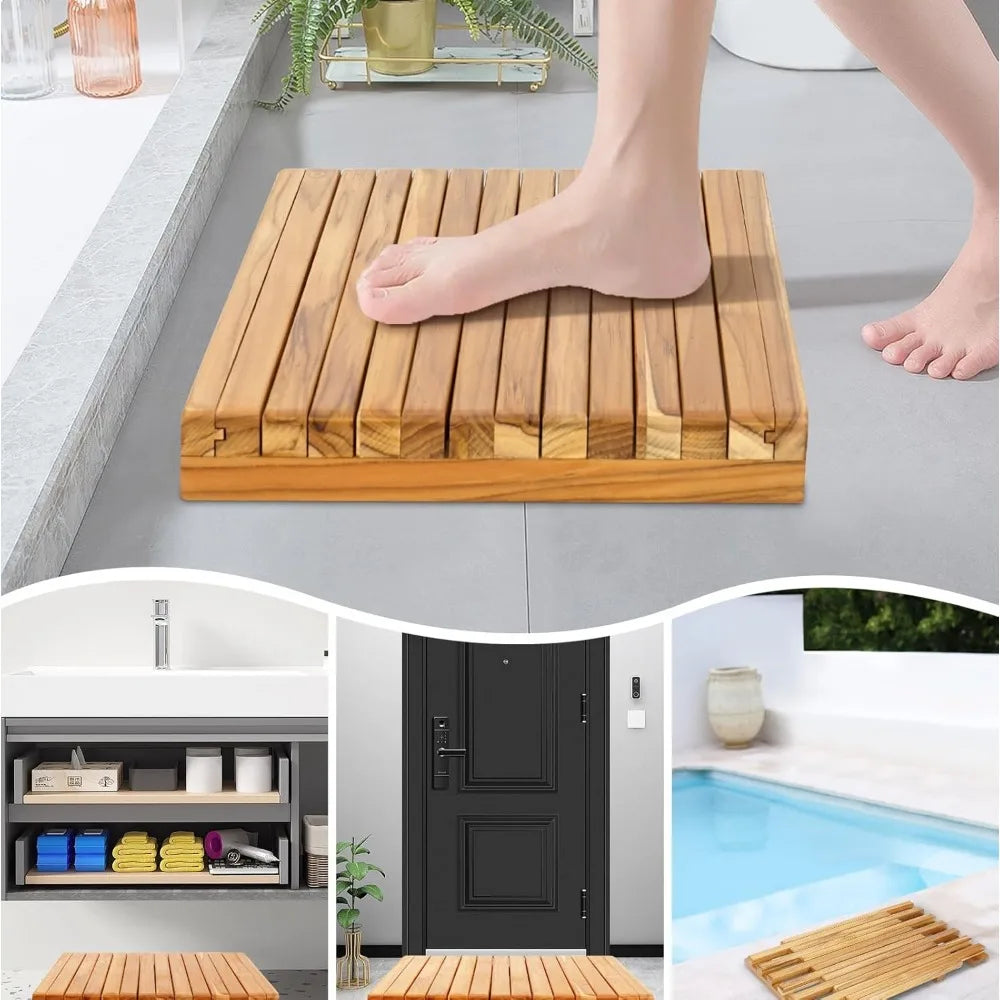 Teak Shower Mat - Adjustable Length Wooden Bathroom Mats for Inside Shower with Non-Slip Rubber Outdoor Floor Mat for Spa, Sauna