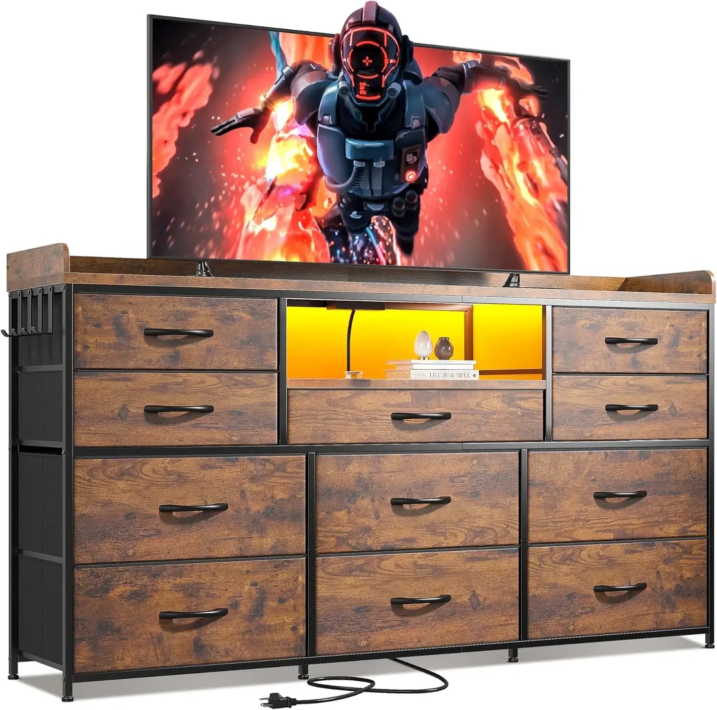 XMSJ Dresser With 11 Drawers And LED TV Stand Shelves