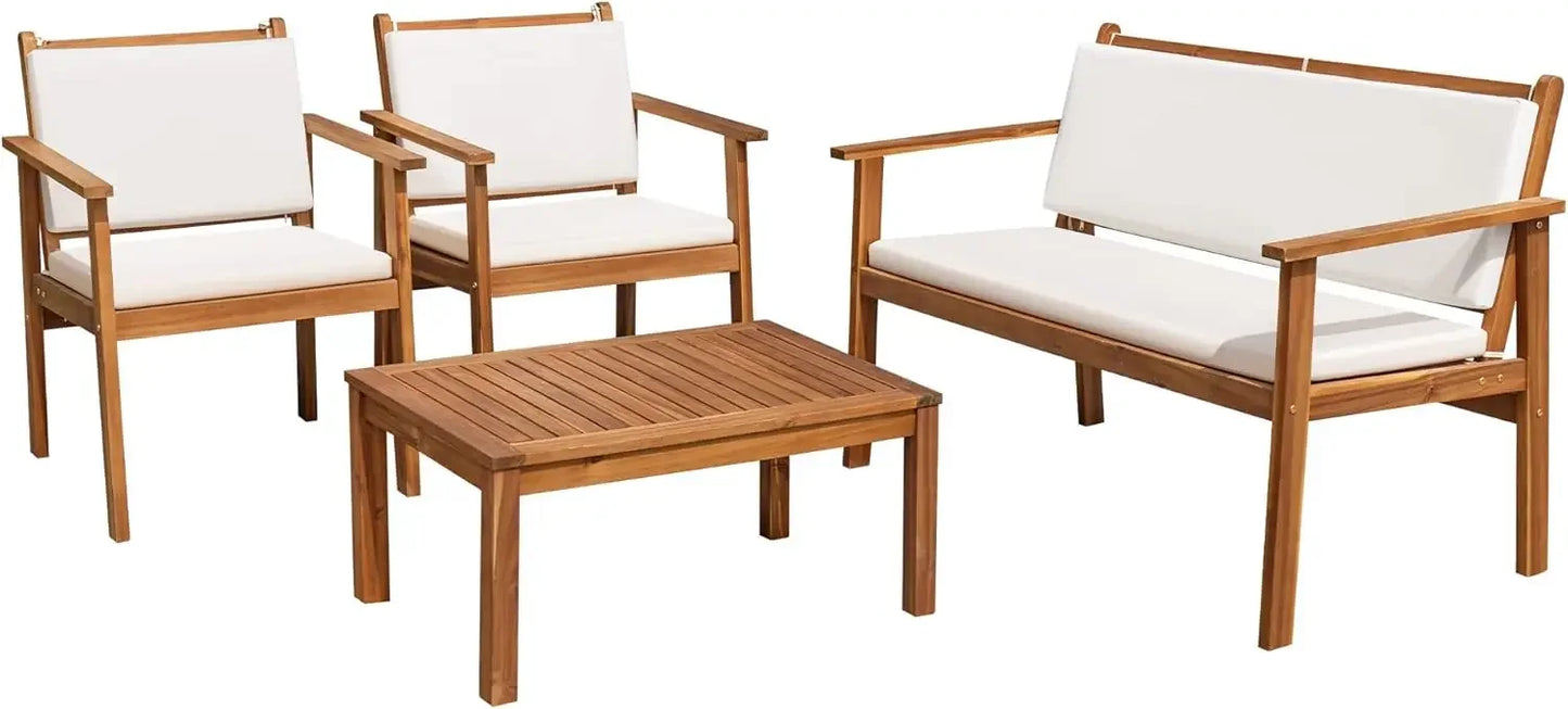 Acacia Wood Outdoor Patio Sofa Set With Table And Cushions