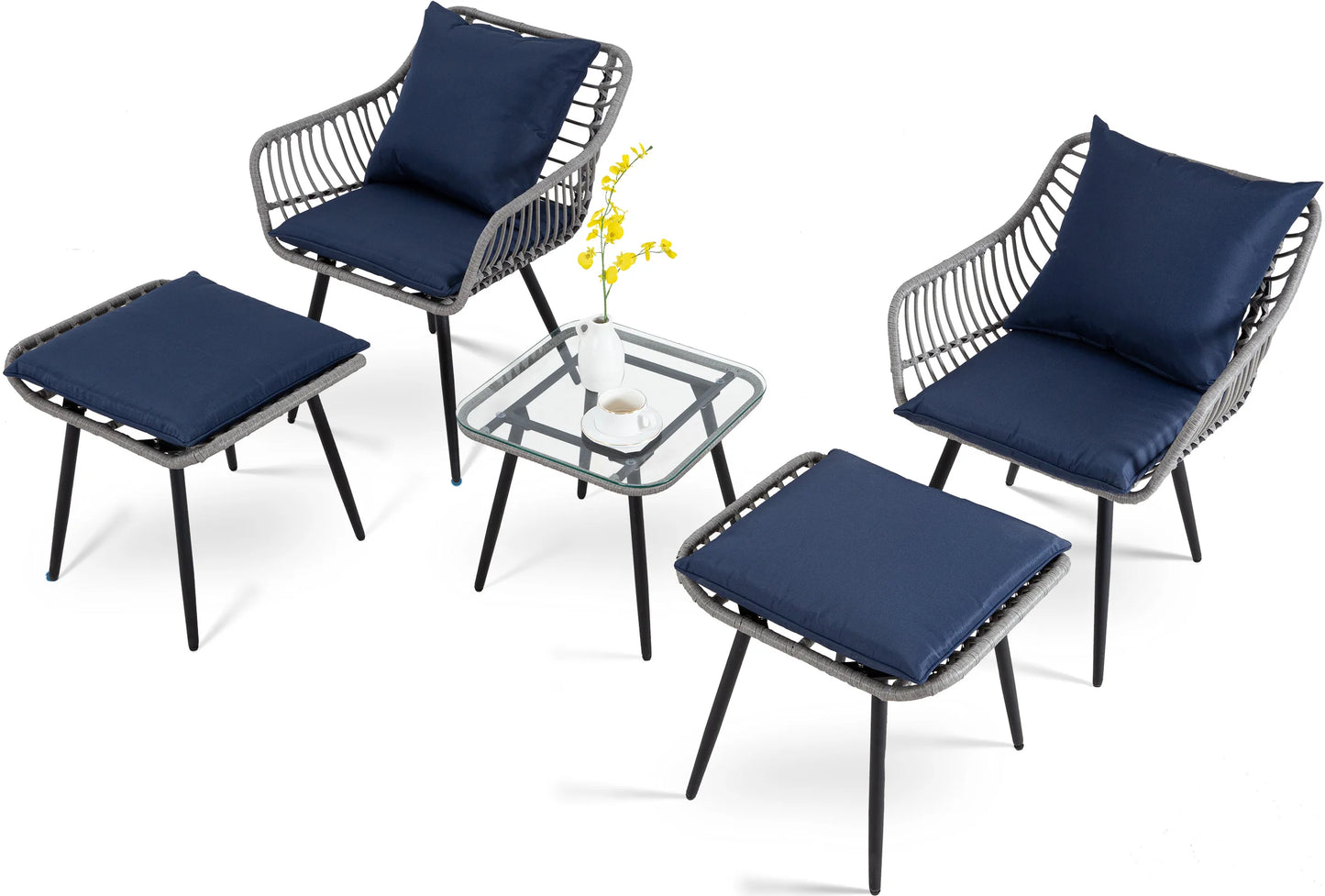 PORWEY 5 Piece Patio Bistro Set Outdoor Wicker Chairs All Weather PE Rattan With Ottoman And Coffee Table