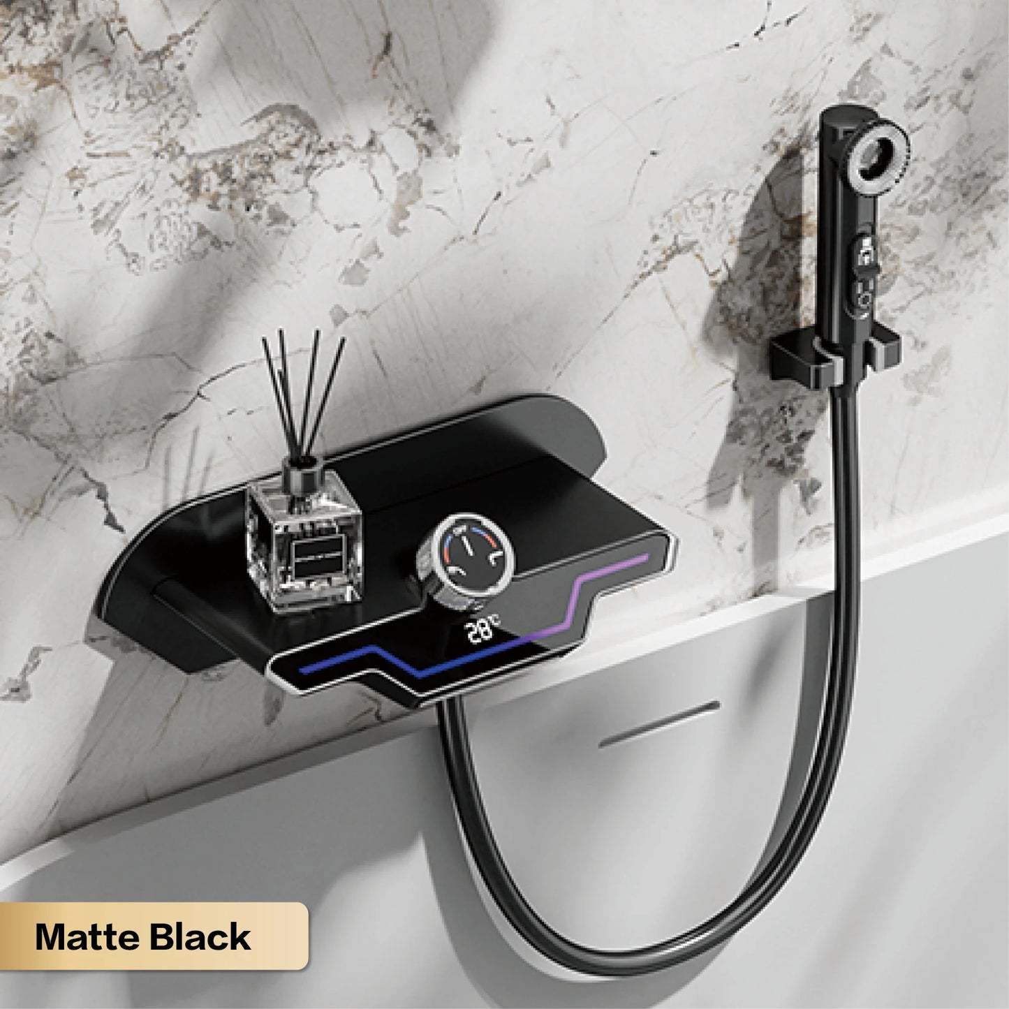 Luxury black brass wall mounted thermostatic bathroom faucet with LED digital display design, embedded hot and cold bathtub Tap