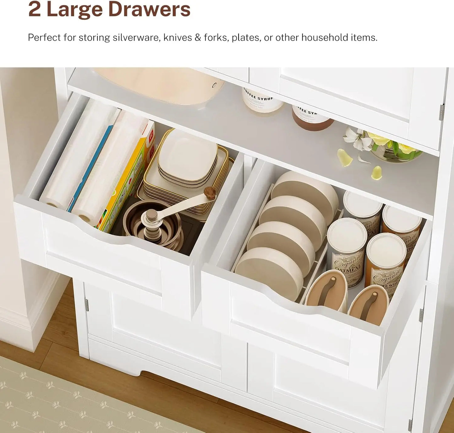 Kitchen Pantry Cabinet With Adjustable Shelves And Two Drawers