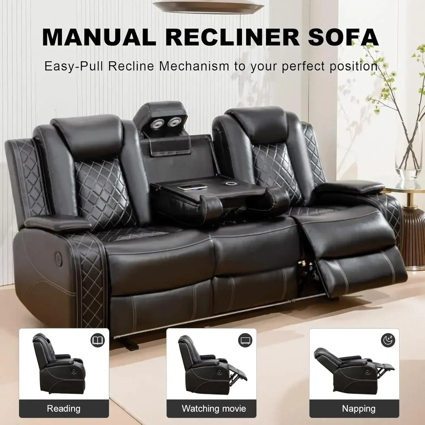 Electric Recliner Living Room Set With LED Lighting And Charging