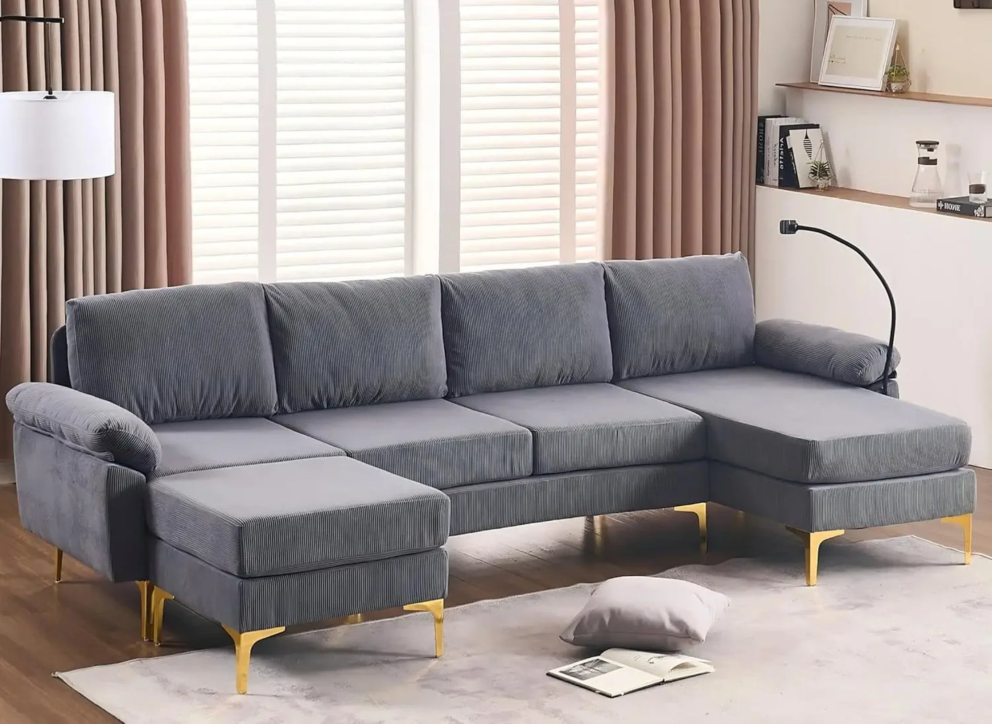 U-Shaped Corduroy Convertible Sofa Set With Lounge Chair And Footstool