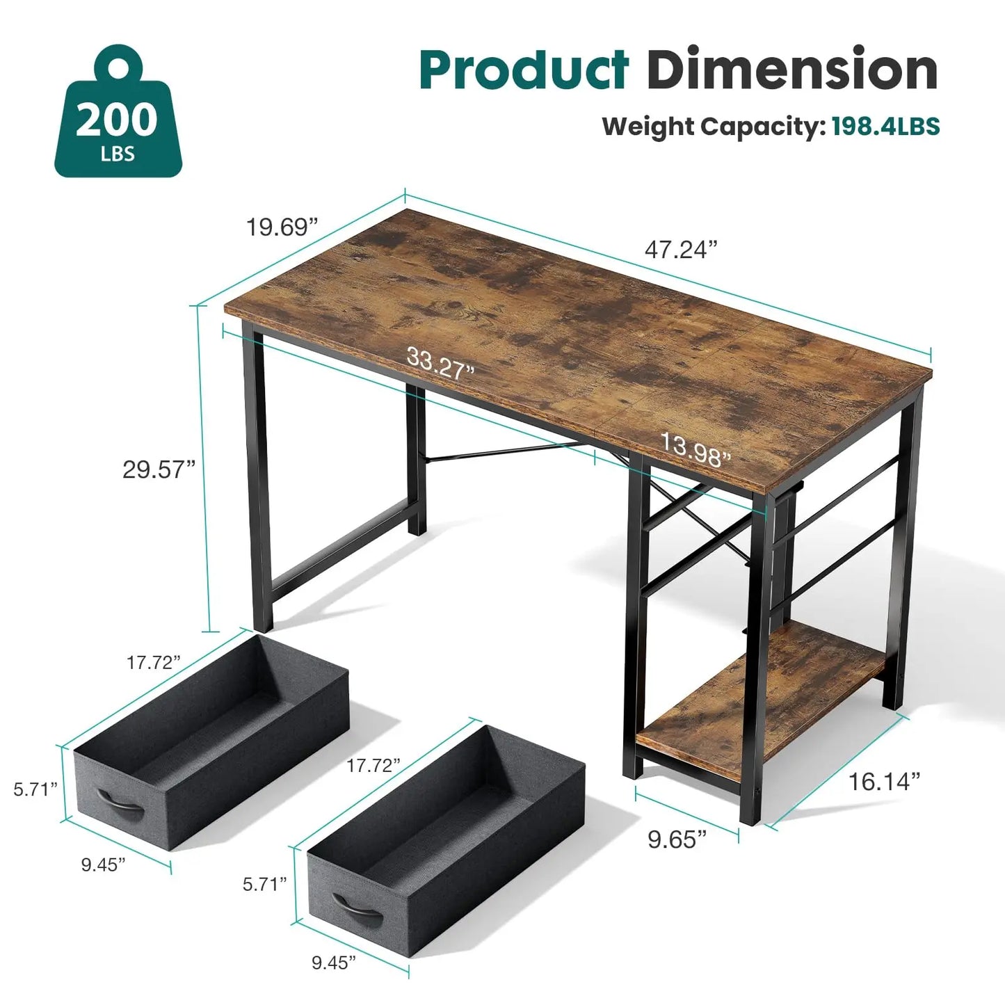 JHK 47 Inch Computer Desk With 2 Drawers For Study Office Gaming Wood Table Modern Work Desk