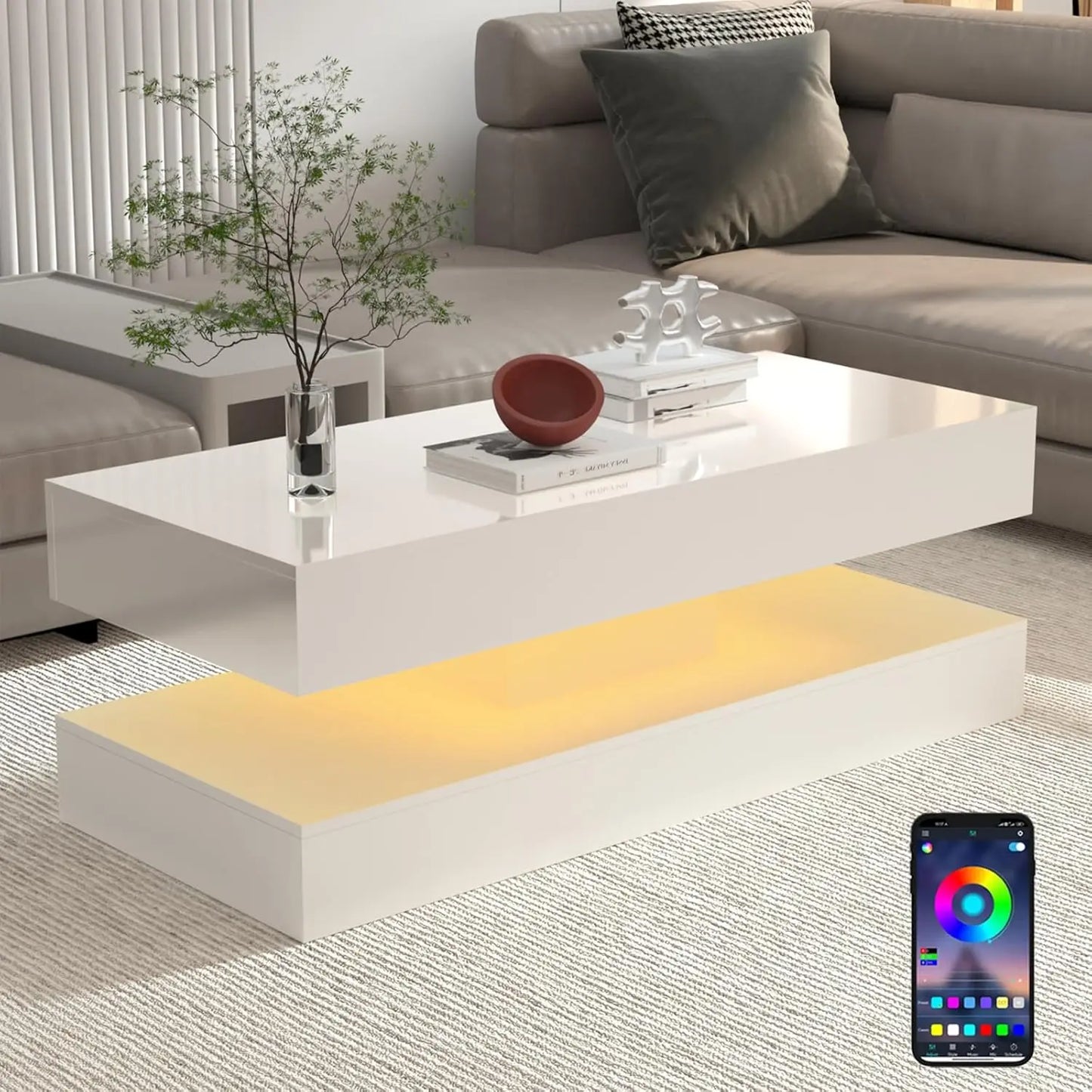 QiaoShiRen Modern LED Coffee Table With Dual Drawer Storage