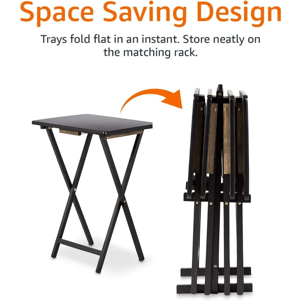 Portable Folding Tray Table Set With Storage Rack Unit