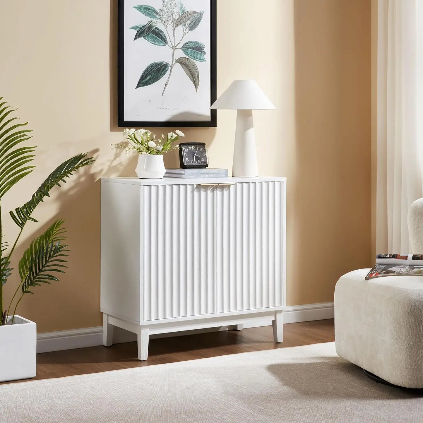 Contemporary Fluted Accent Cabinet with Doors and Adjustable Shelves, Wooden Coffee Bar Table for Living, Dining, and Kitchen Sp