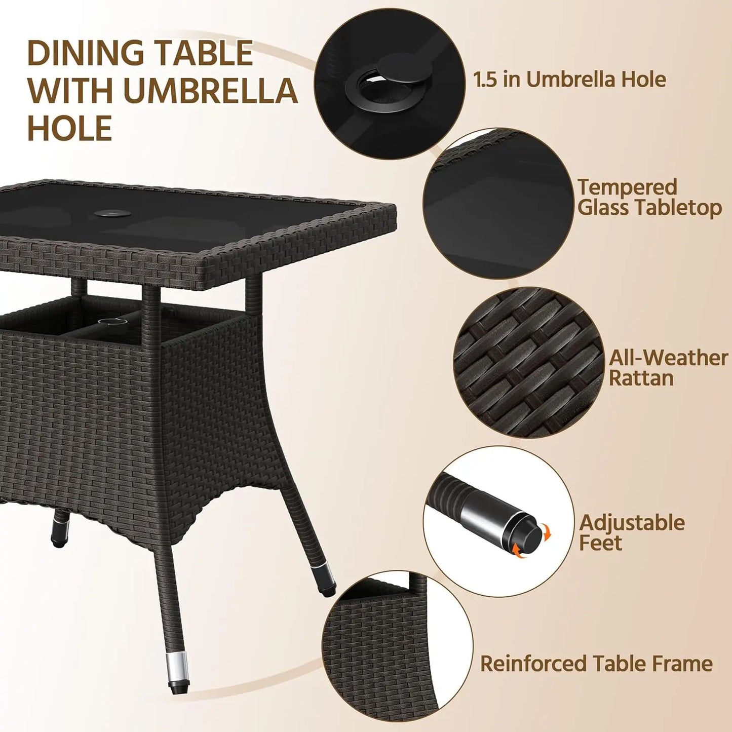 5-Piece Patio Furniture Set, Outdoor Rattan 4 Dining Chairs & Tempered Glass Table with Umbrella Hole, for Garden Backyard Deck