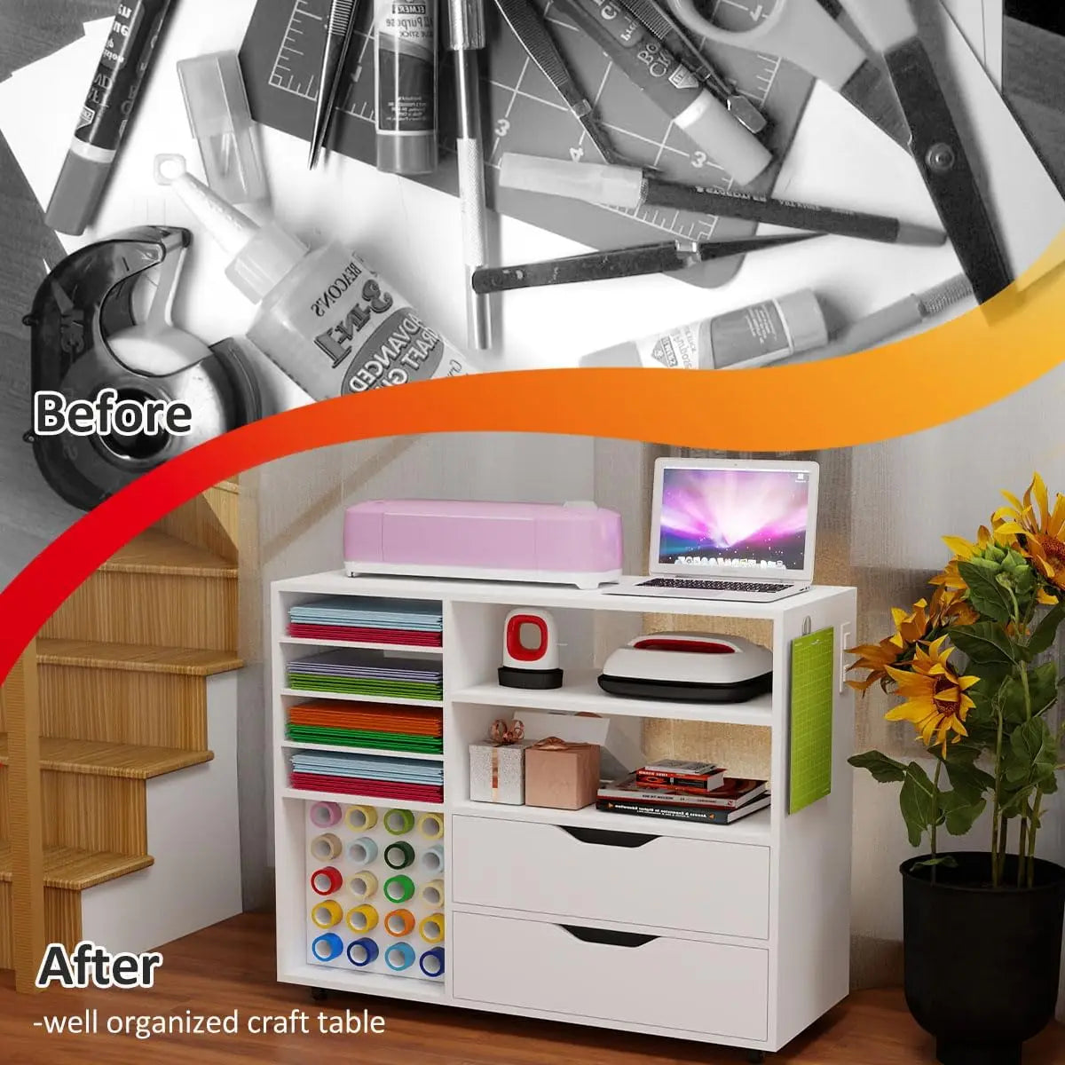 Craft Organization& Storage Cart Compatible with Cricut Machines, Rolling Craft Table Organizer with Charge Station Vinyl Roll