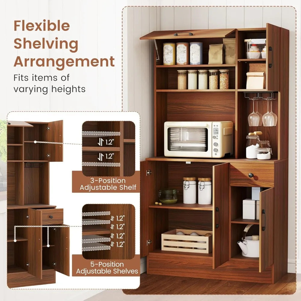 Kitchen Pantry Cabinet 66" with Charging Station, Tall Buffet Hutch Cabinet with Microwave Stand, Storage Drawers, Adjustable Sh