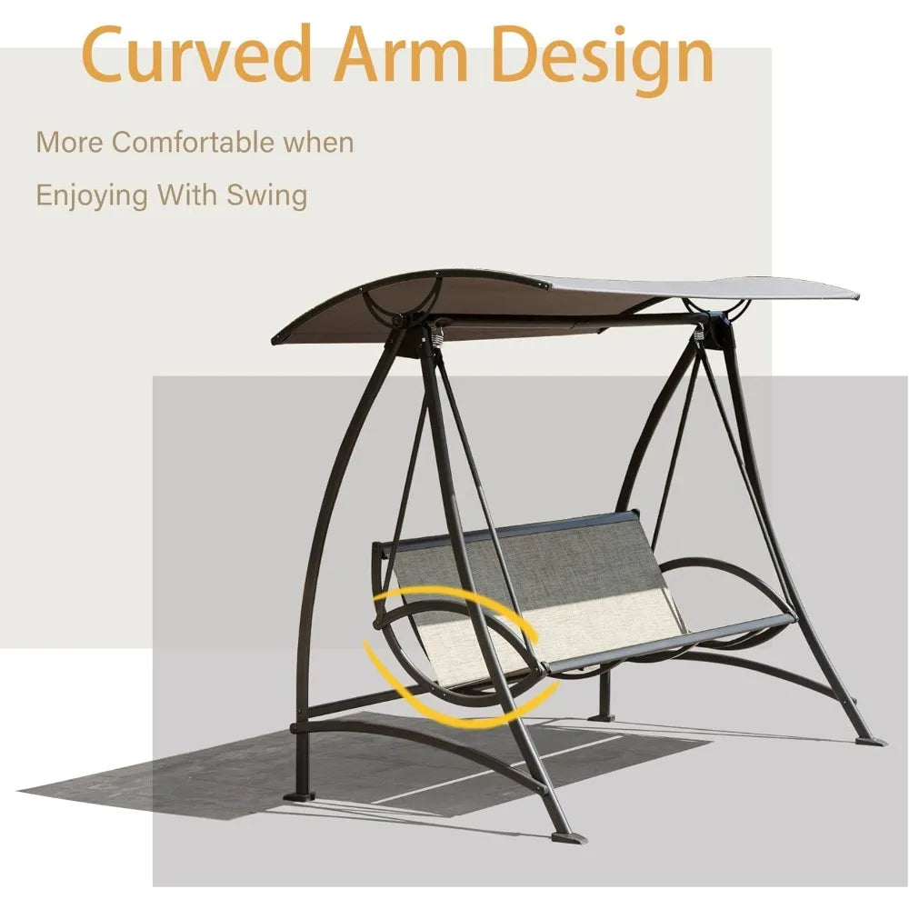 Domi Porch Patio Swing with Adjustable Canopy, 3-seat Swing with Stand, Outdoor Swings w/Armrests, Weather Resistant Steel Frame