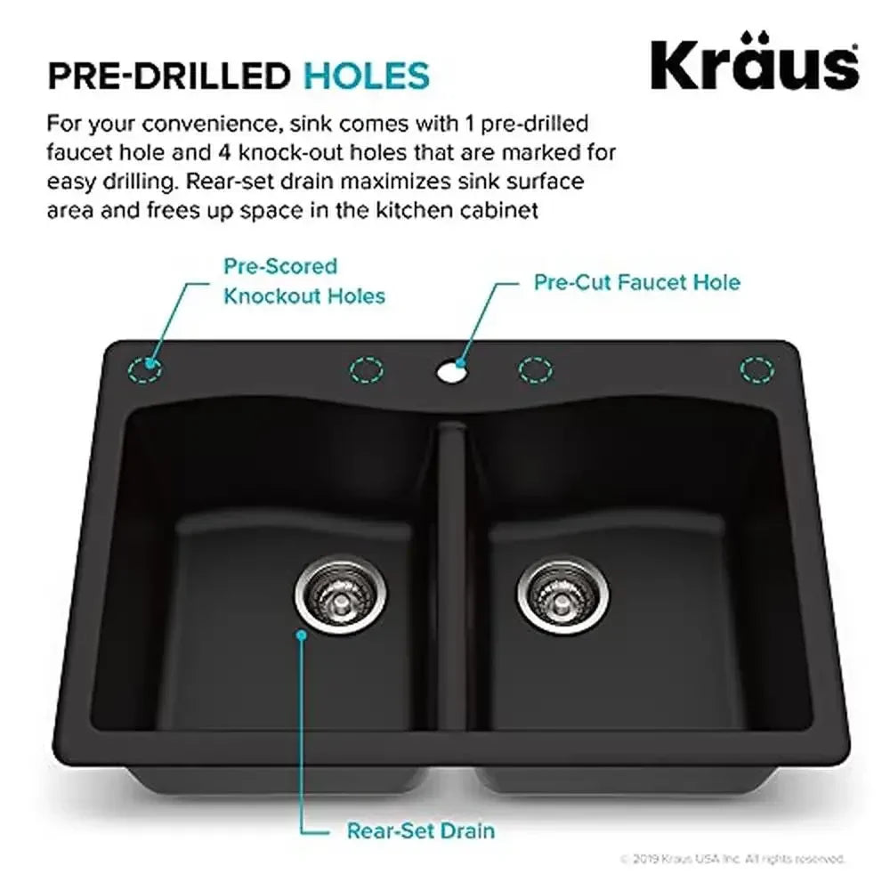33" Dual Mount 50/50 Double Bowl Granite Kitchen Sink Impact-resistant Scratch-free Elegant Design Versatile Convenient Easy to