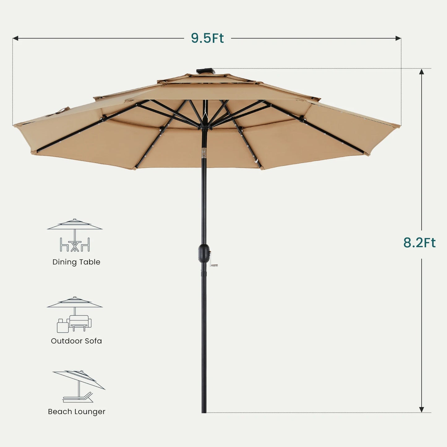 JHK Patio Umbrella With Solar LED Lights And Tilting Table