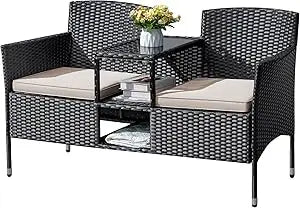 Outdoor Furniture Patio Loveseat Wicker 2-Seat with Built-in Table and Cushions Rattan Porch Chairs Bench for Balcony, Lawn, Ba