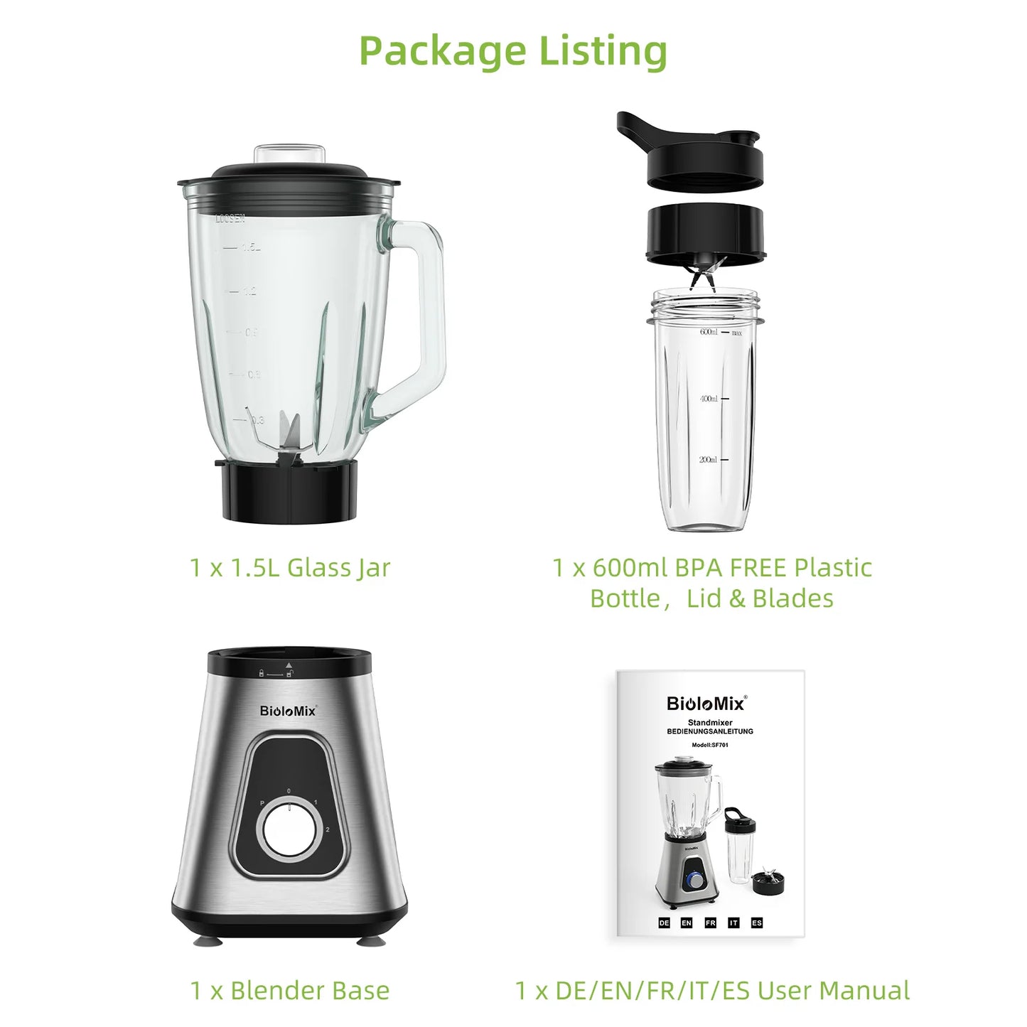 BioloMix 1300W Smoothie Blender For Frozen Fruit Drinks