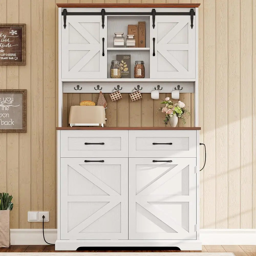 Kitchen Pantry Storage Cabinet With Microwave Stand And Trash Can