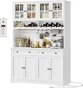 Tall Modern White Kitchen Pantry Cabinet with Charging Station, Microwave Stand, and Wine Rack