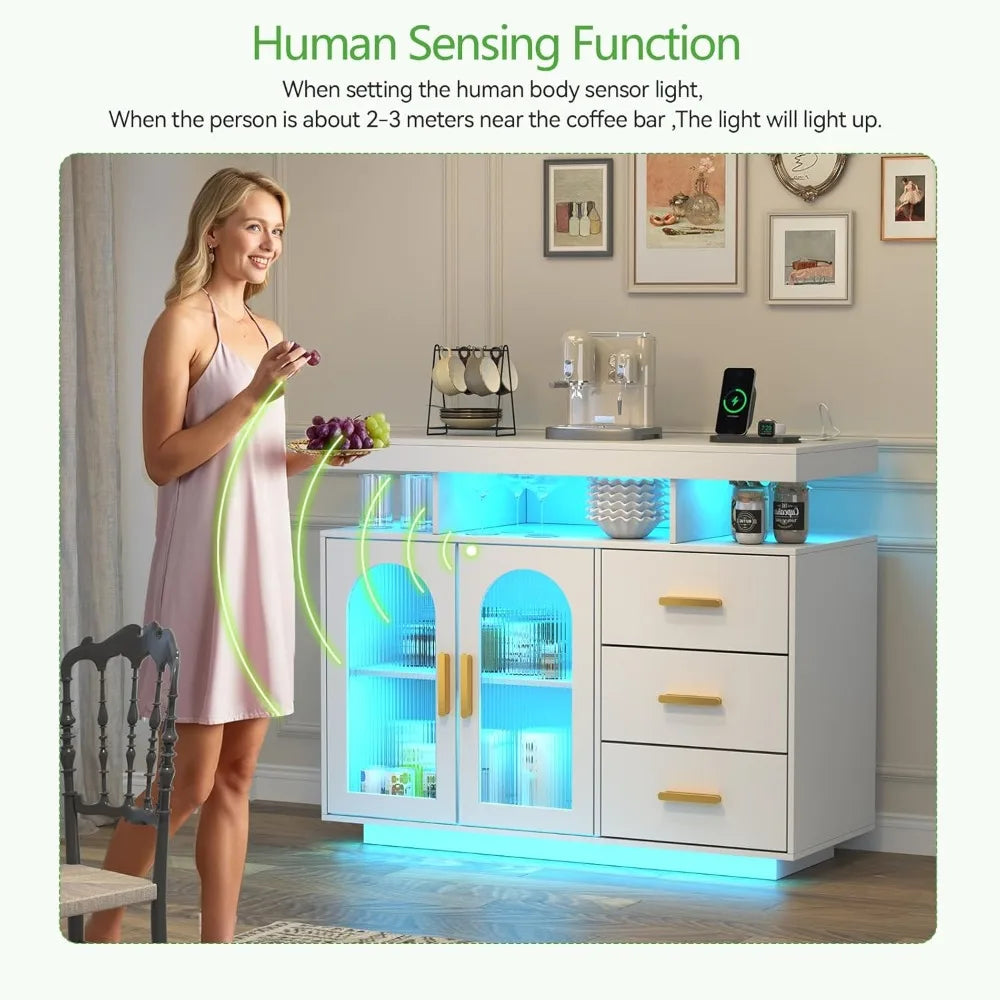 Modern LED Sideboard Buffet Cabinet With Charging Station And Lights