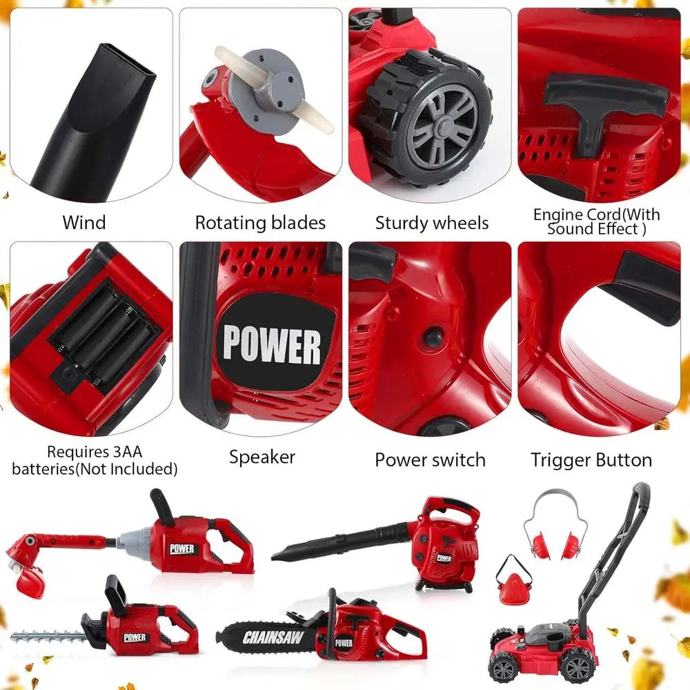 7 Piece Kids Electric Garden Tool Set Leaf Blower Chainsaw