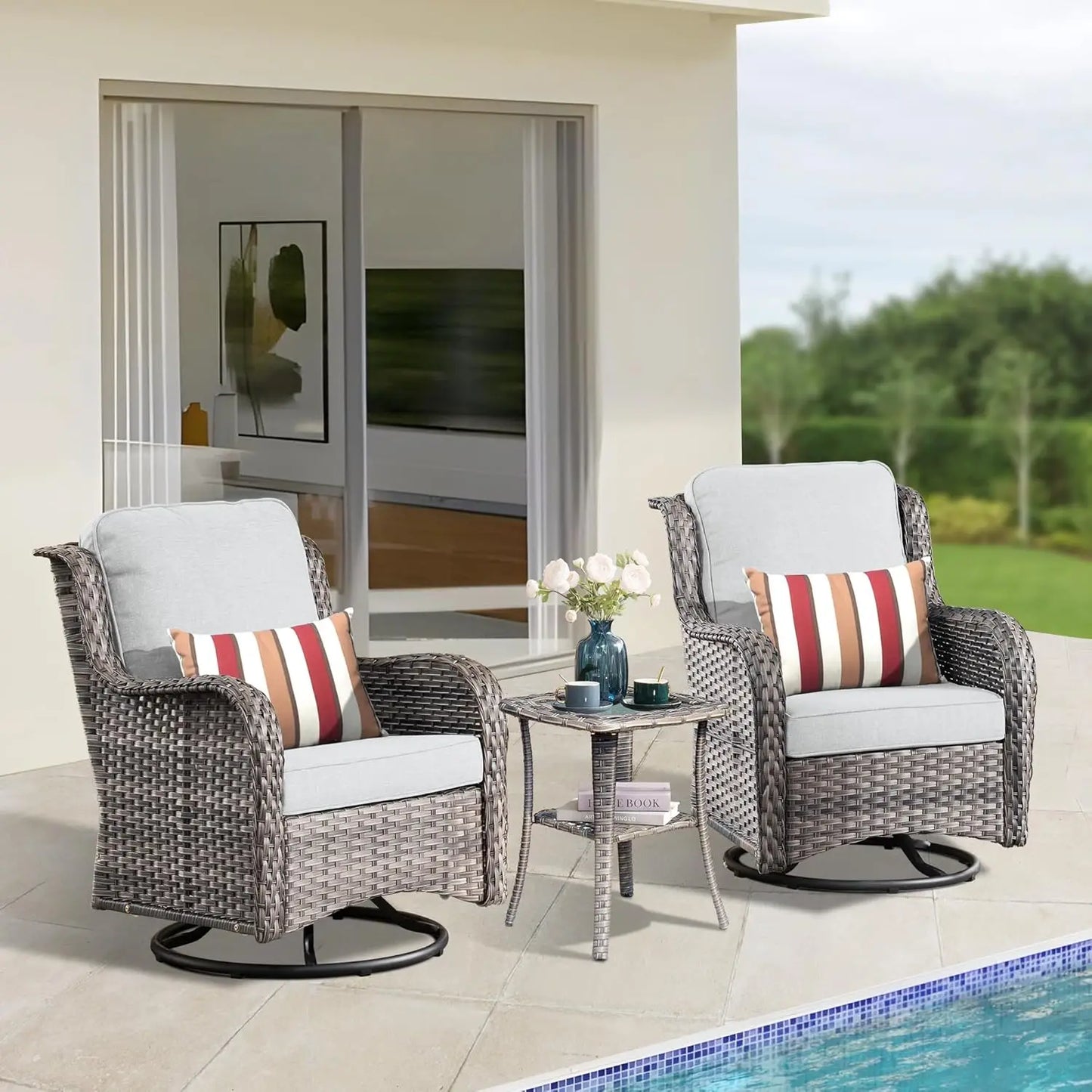 Outdoor Swivel Rocker Chair Set of 2,Wicker 3 Pieces All Weather Wicker Glider Rocker Set,Outdoor PE Rattan Swivel Rocking