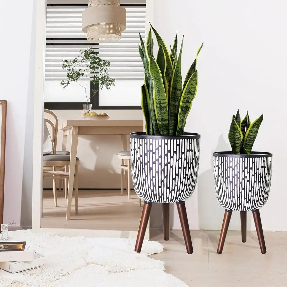 Plant Pot Set with Stand Mid-Century Boho Indoor Planters