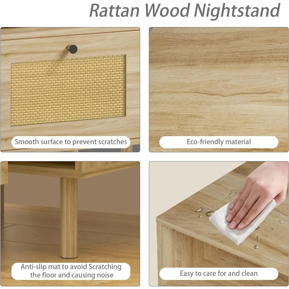 MKDK Rattan Nightstand With Storage Drawer Open Shelf