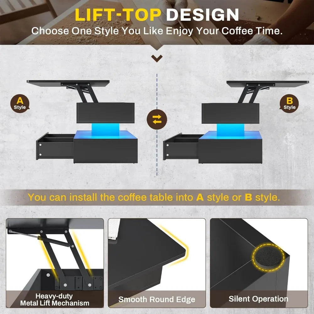 XMSJ Lift Top Coffee Table With Storage And LED Lights