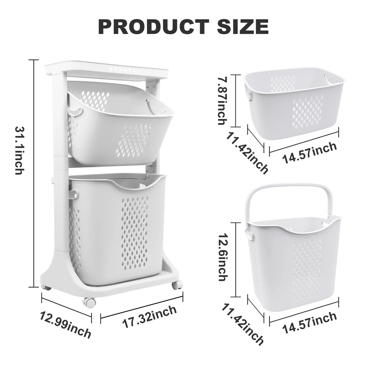 2 Or 4 Tier Laundry Cart With Removable Storage Buckets And Four Wheels White Plastic Hamper
