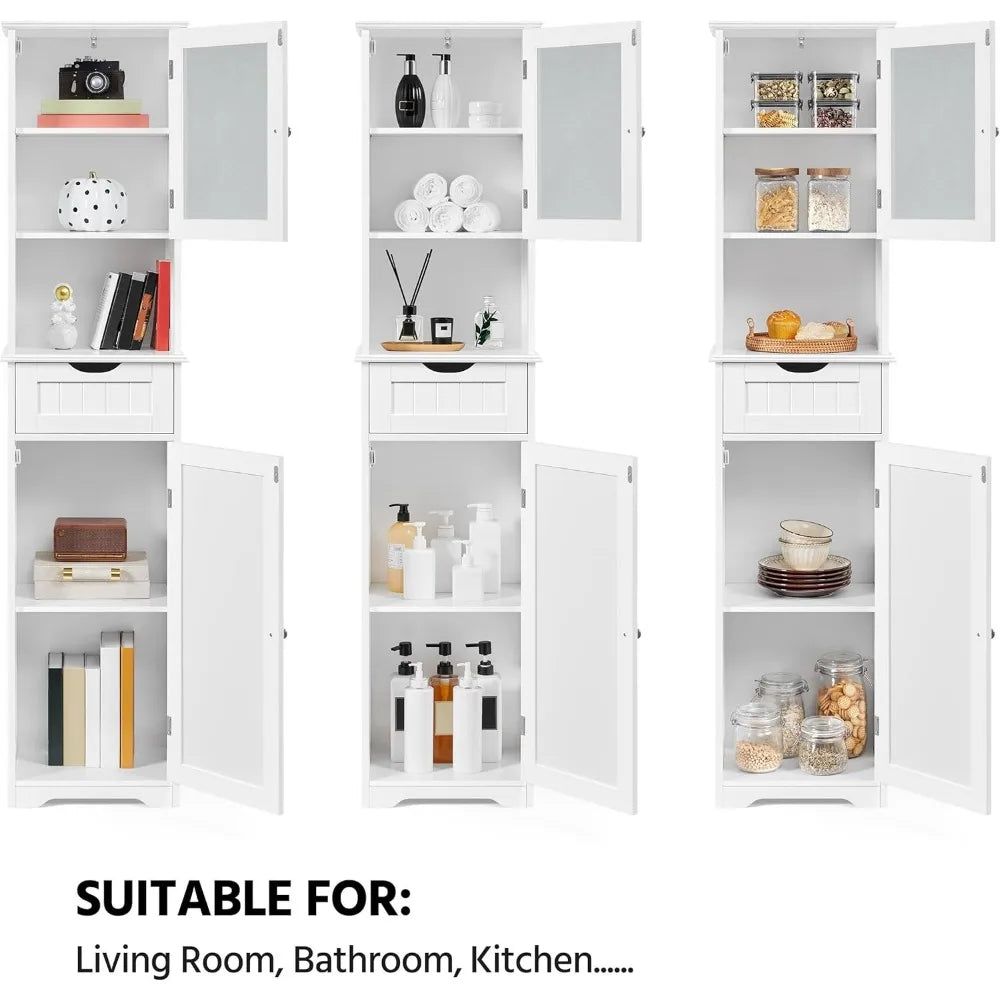 Freestanding Tall Bathroom Storage Cabinet with Glass Door and Adjustable Shelving