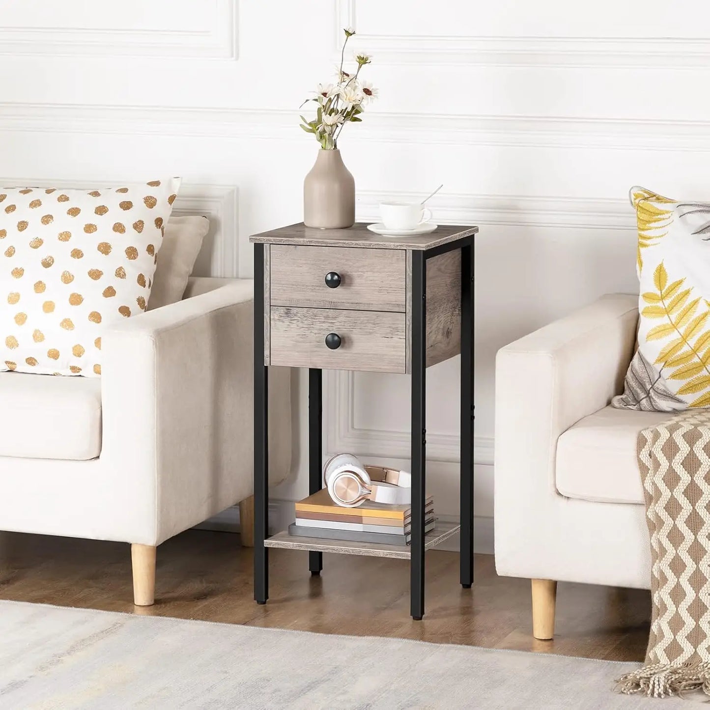 Drawer Nightstand With 2 Drawers And Storage Shelf Modern