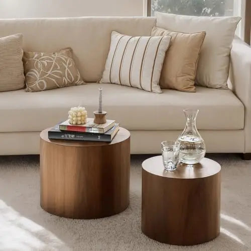 Nesting Coffee Table Set of 2 Modern Round Wood Tables