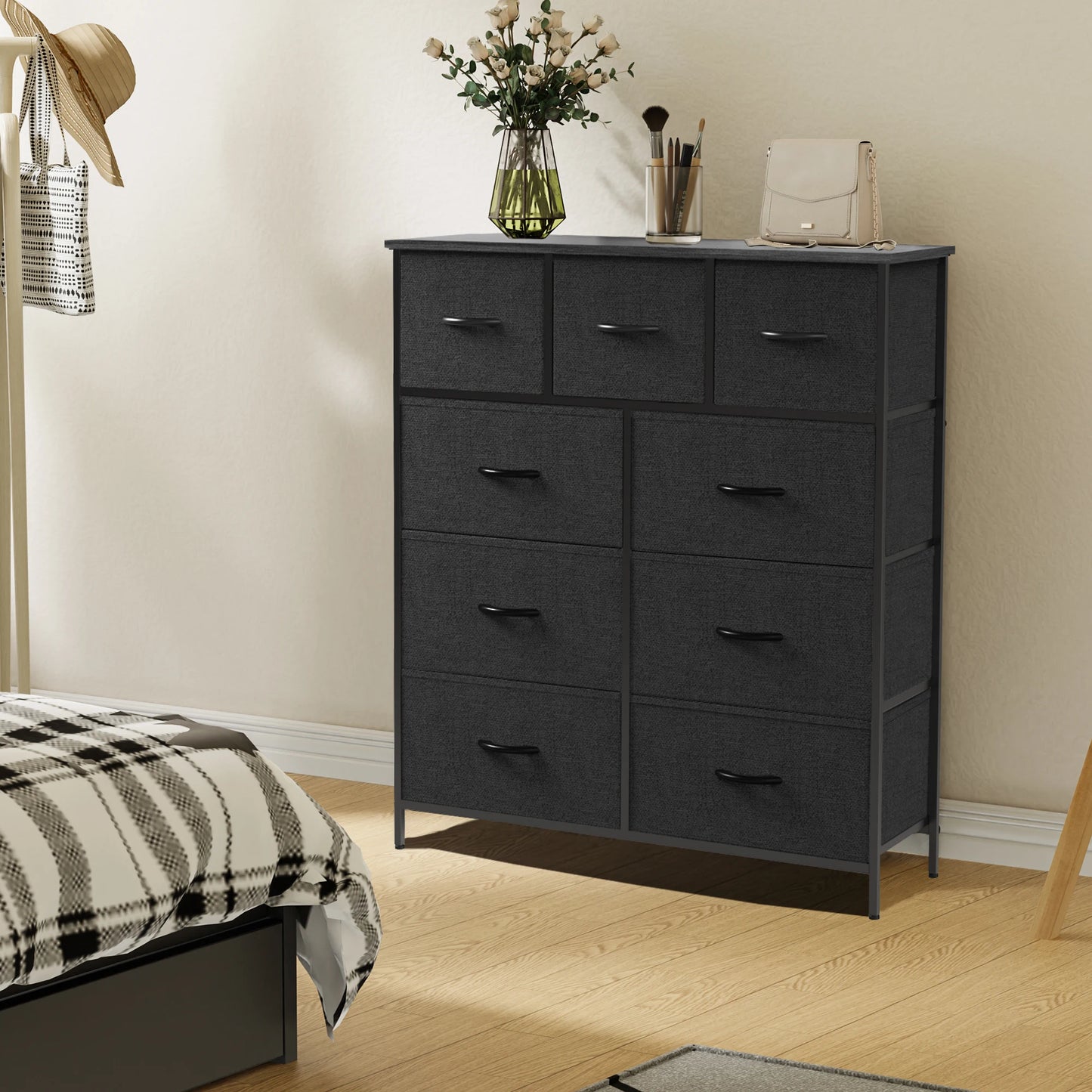 JHK 9 Drawer Fabric Storage Dresser Wardrobe Tall Chest Organizer For Bedroom