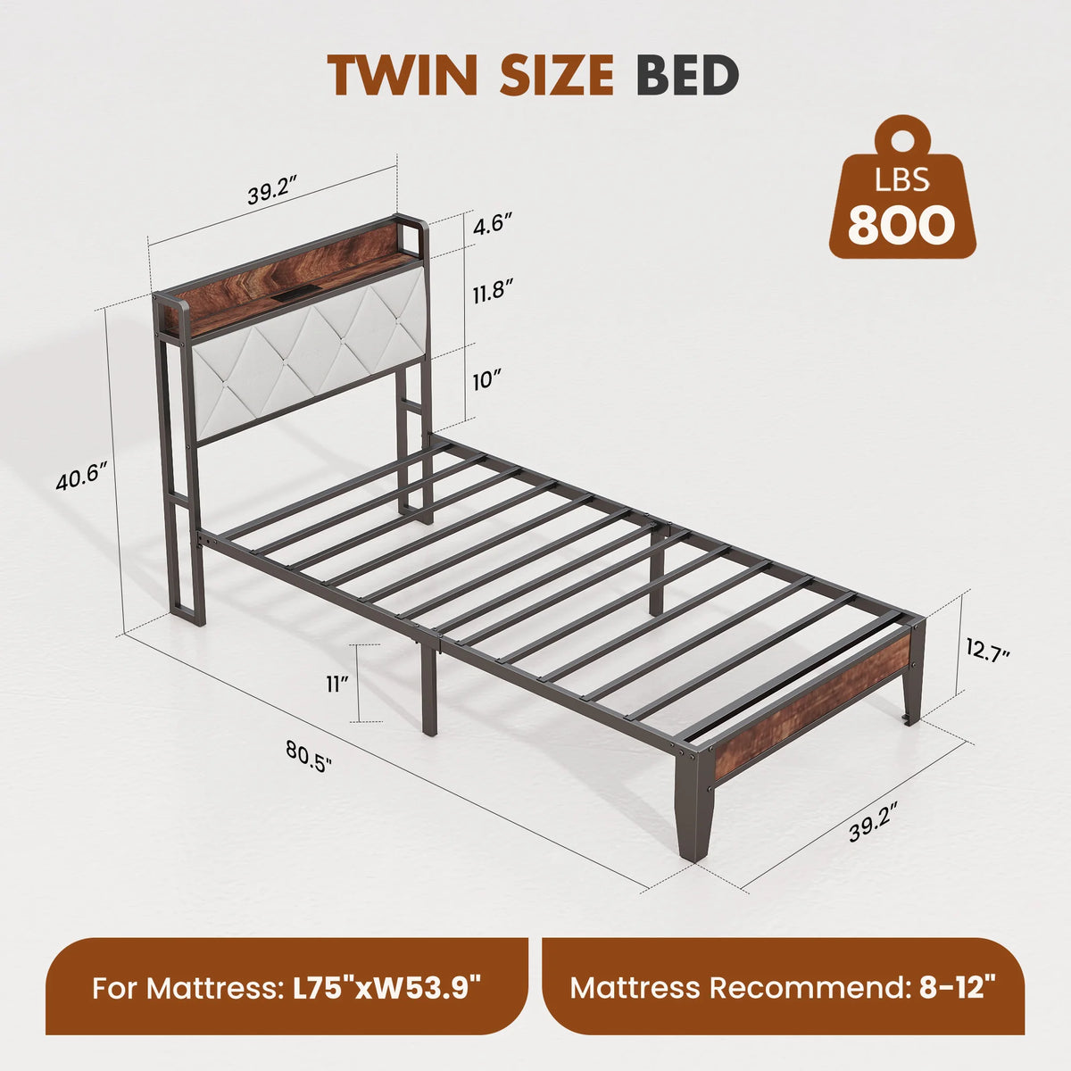 JHK Metal Bed Frame With Headboard Storage And Charging Station