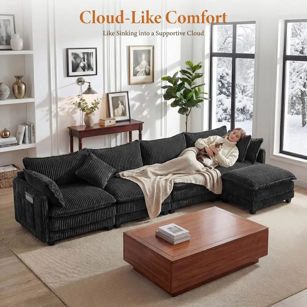 L Shaped Modular Sectional Couch Corduroy Upholstered Living Room Sofa