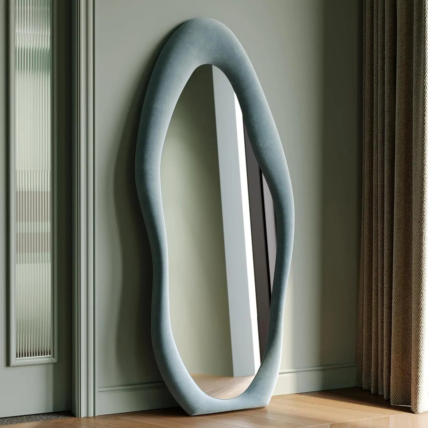 63x24 inch full-length mirror, irregular wave mirror hanging or leaning against the wall in the dressing room/bedroom