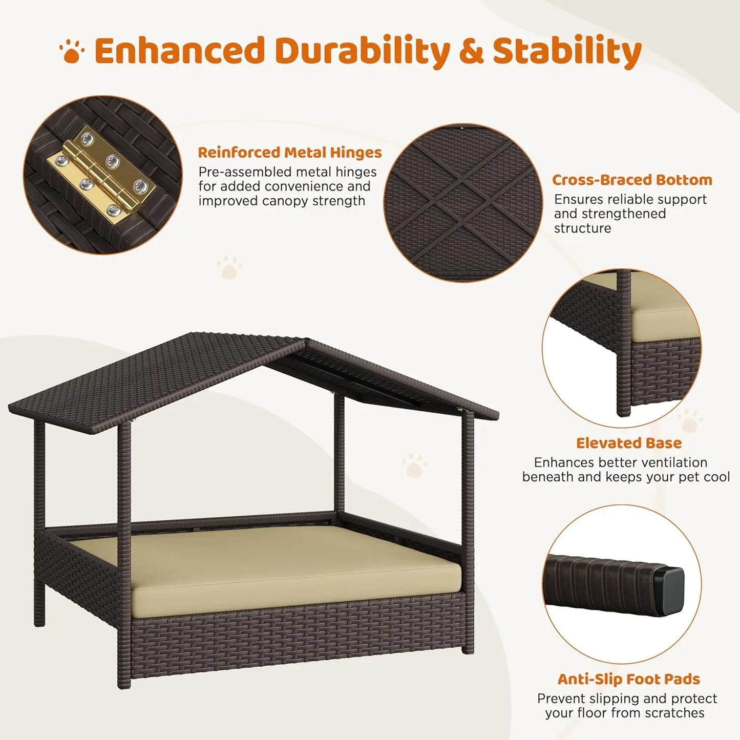 Wicker Dog House With Canopy Elevated Outdoor Shelter Bed For Small To Medium Dogs Shade For Patio And Deck