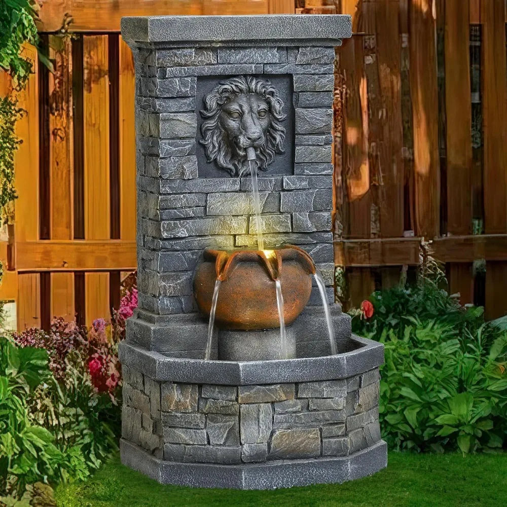 Desgmomy Lion Head Outdoor Water Fountain Garden Lights