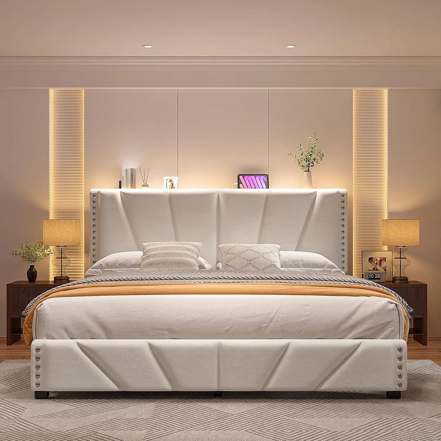 XMSJ Velvet Headboard Bed Frame With LED Lights And Charge